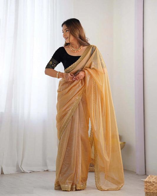 Golden Yellow  Gold Jari &  Sequance Embroidery Work Saree