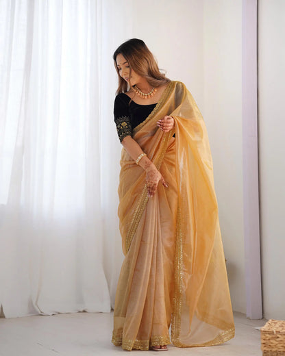 Golden Yellow  Gold Jari &  Sequance Embroidery Work Saree