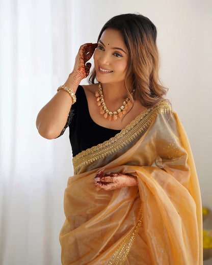 Golden Yellow  Gold Jari &  Sequance Embroidery Work Saree