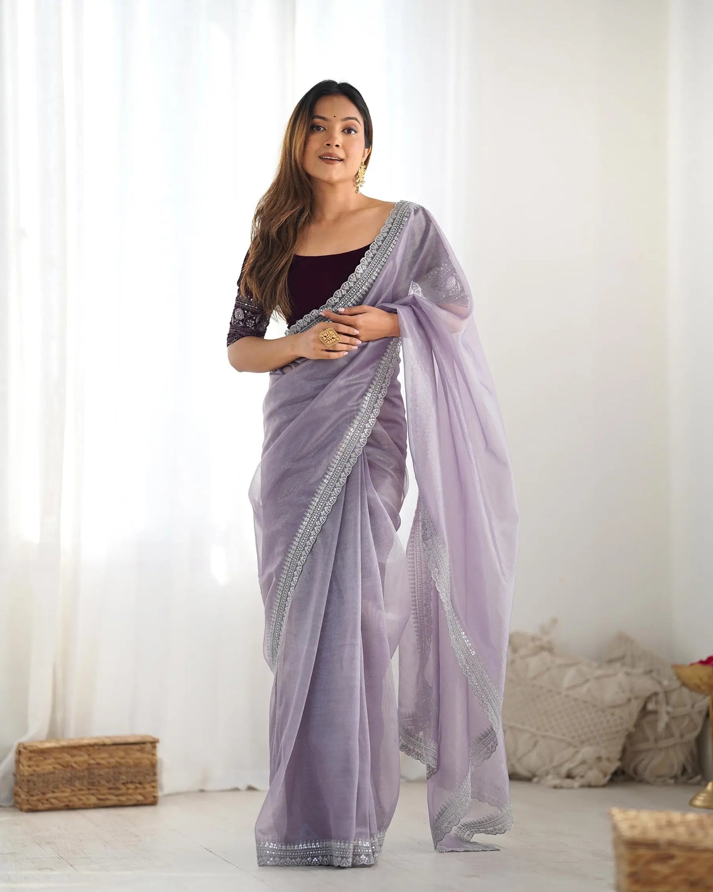 Dusty Lavender Gold Jari & Sequance Embroidery Work Saree