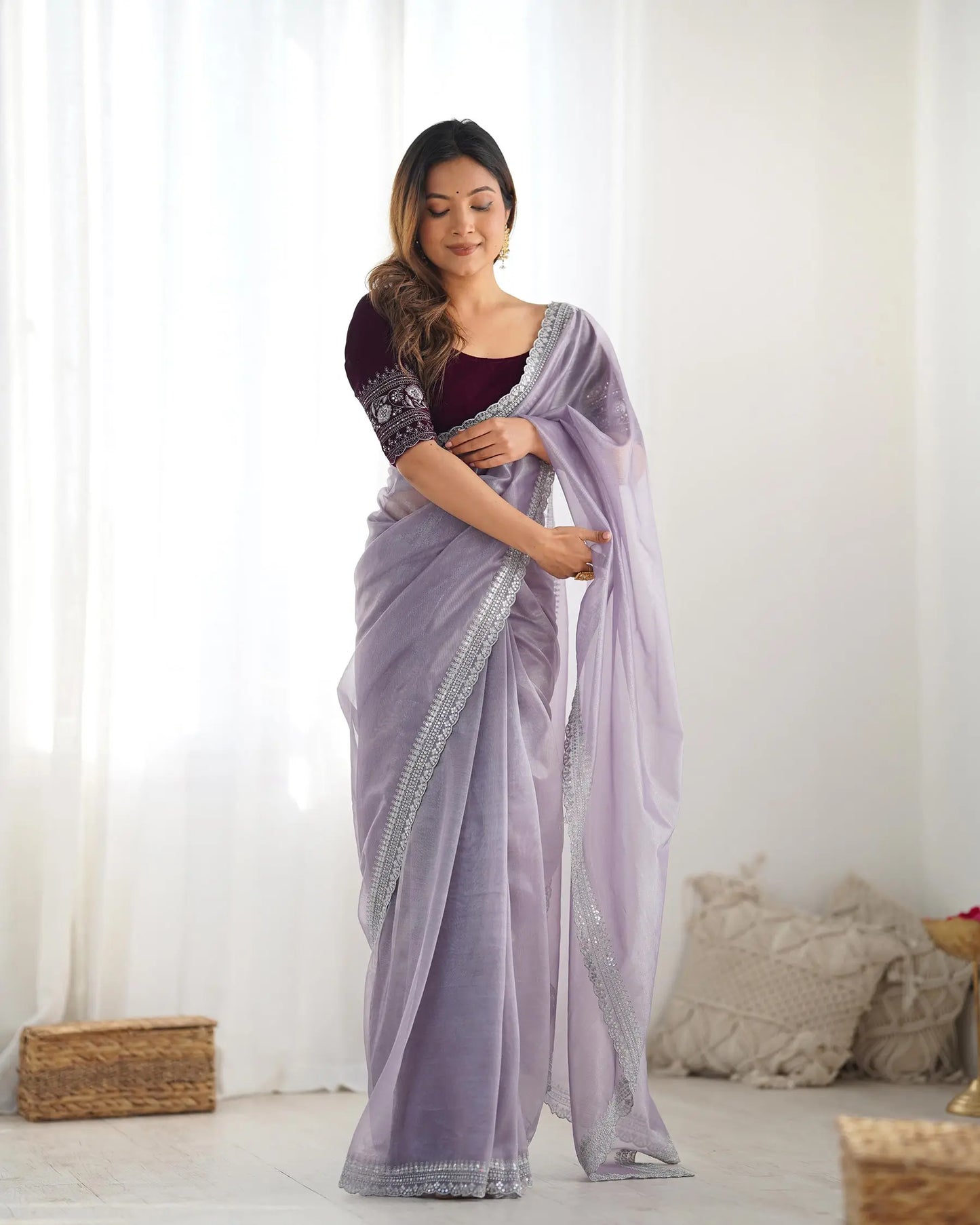 Dusty Lavender Gold Jari & Sequance Embroidery Work Saree