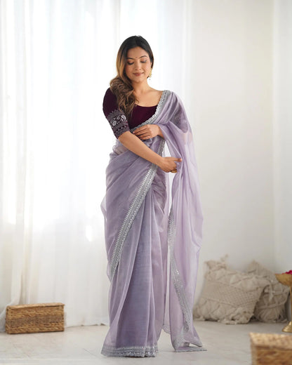Dusty Lavender Gold Jari & Sequance Embroidery Work Saree