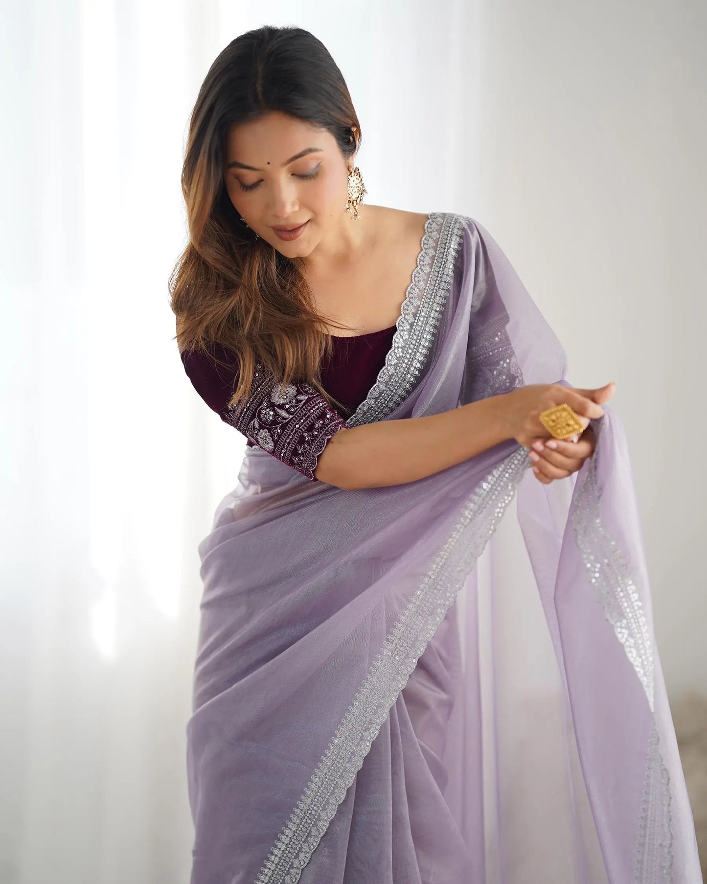 Dusty Lavender Gold Jari & Sequance Embroidery Work Saree