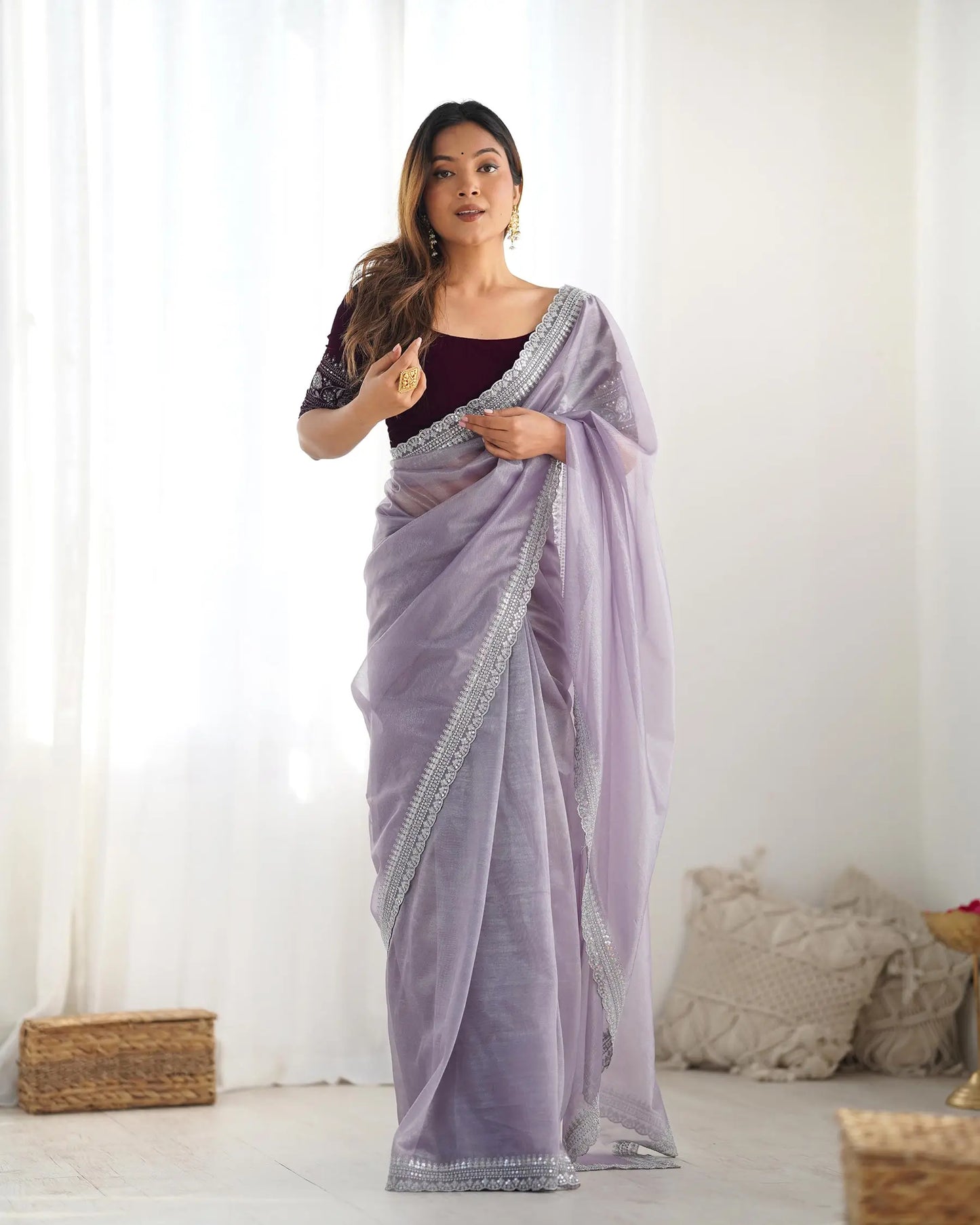 Dusty Lavender Gold Jari & Sequance Embroidery Work Saree