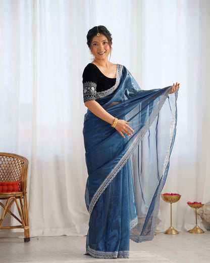 Teal Blue Gold Jari & Sequance Embroidery Work Saree