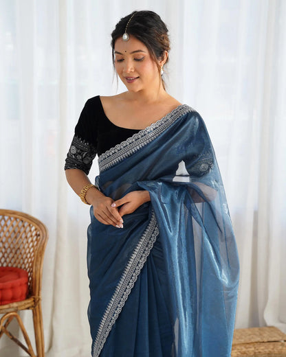 Teal Blue Gold Jari & Sequance Embroidery Work Saree