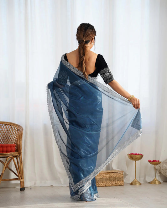 Teal Blue Gold Jari & Sequance Embroidery Work Saree