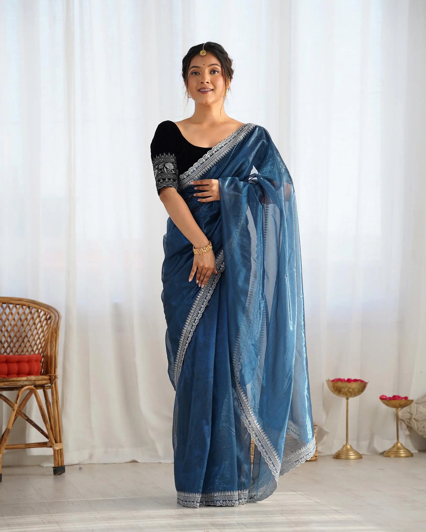 Teal Blue Gold Jari & Sequance Embroidery Work Saree