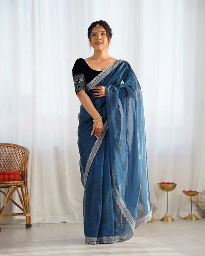 Teal Blue Gold Jari & Sequance Embroidery Work Saree