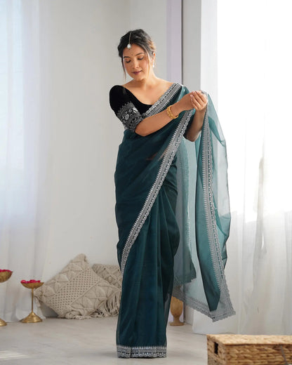 Green  Gold Jari & Sequance Embroidery Work Saree