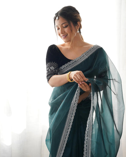 Green  Gold Jari & Sequance Embroidery Work Saree