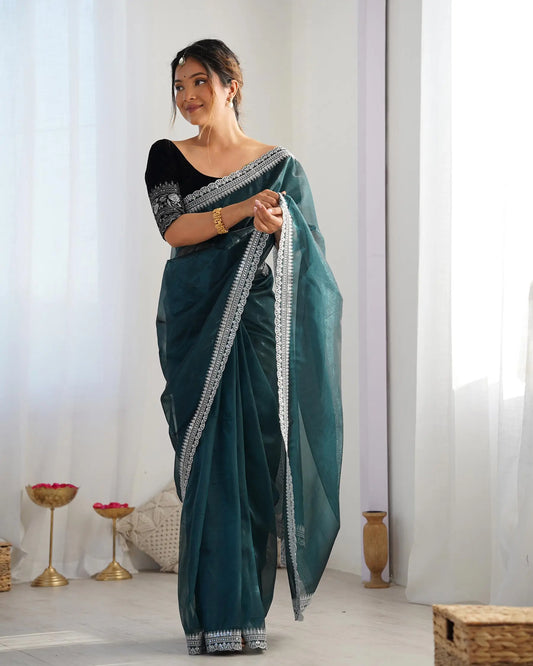 Green  Gold Jari & Sequance Embroidery Work Saree