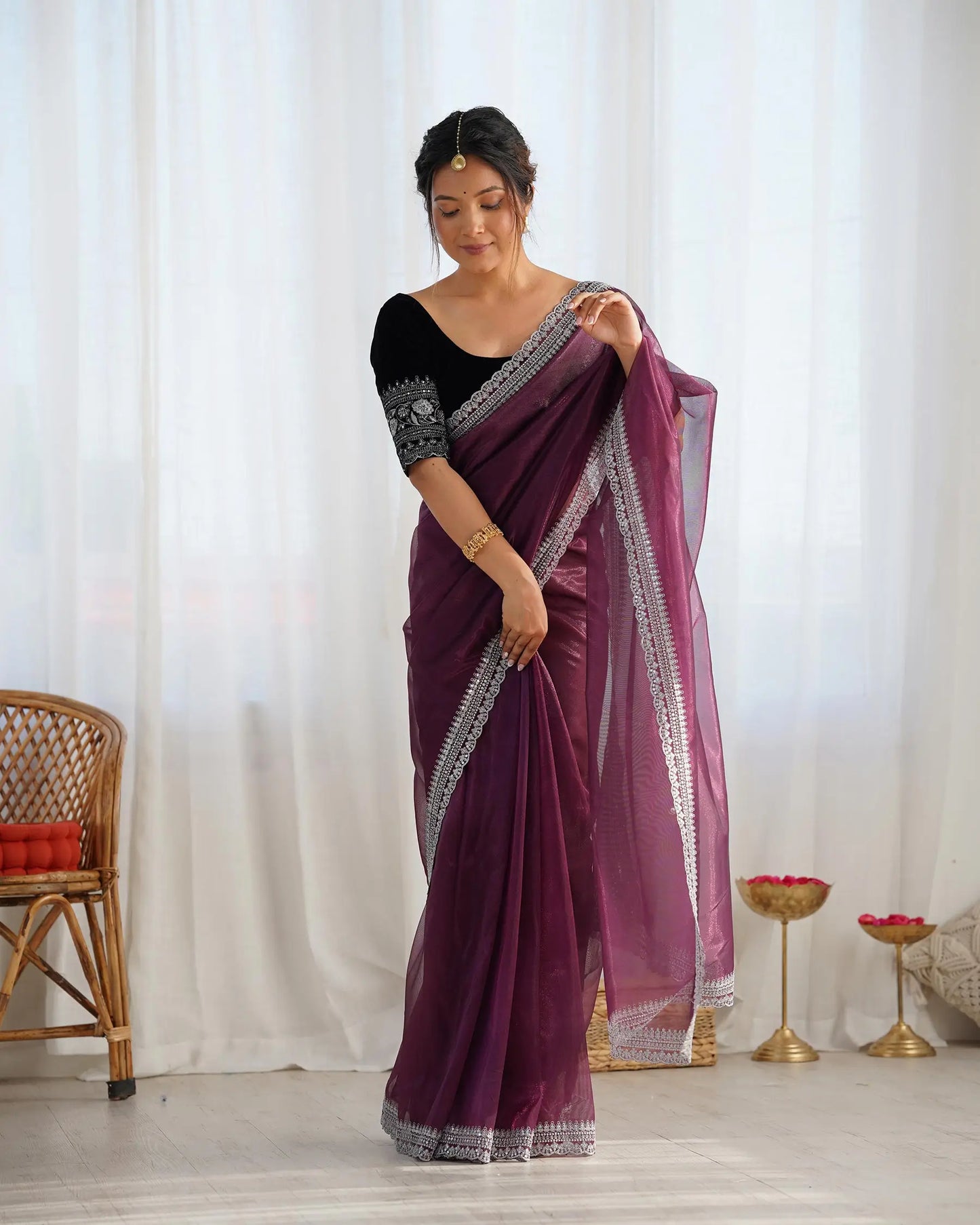 Dusty Wine  Gold Jari & Sequance Embroidery Work Saree
