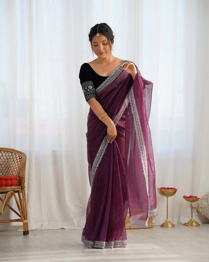 Dusty Wine  Gold Jari & Sequance Embroidery Work Saree
