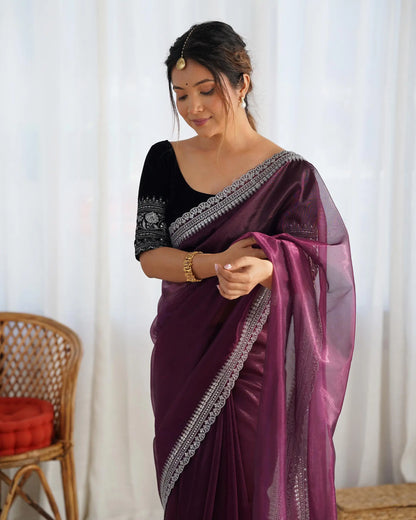 Dusty Wine  Gold Jari & Sequance Embroidery Work Saree