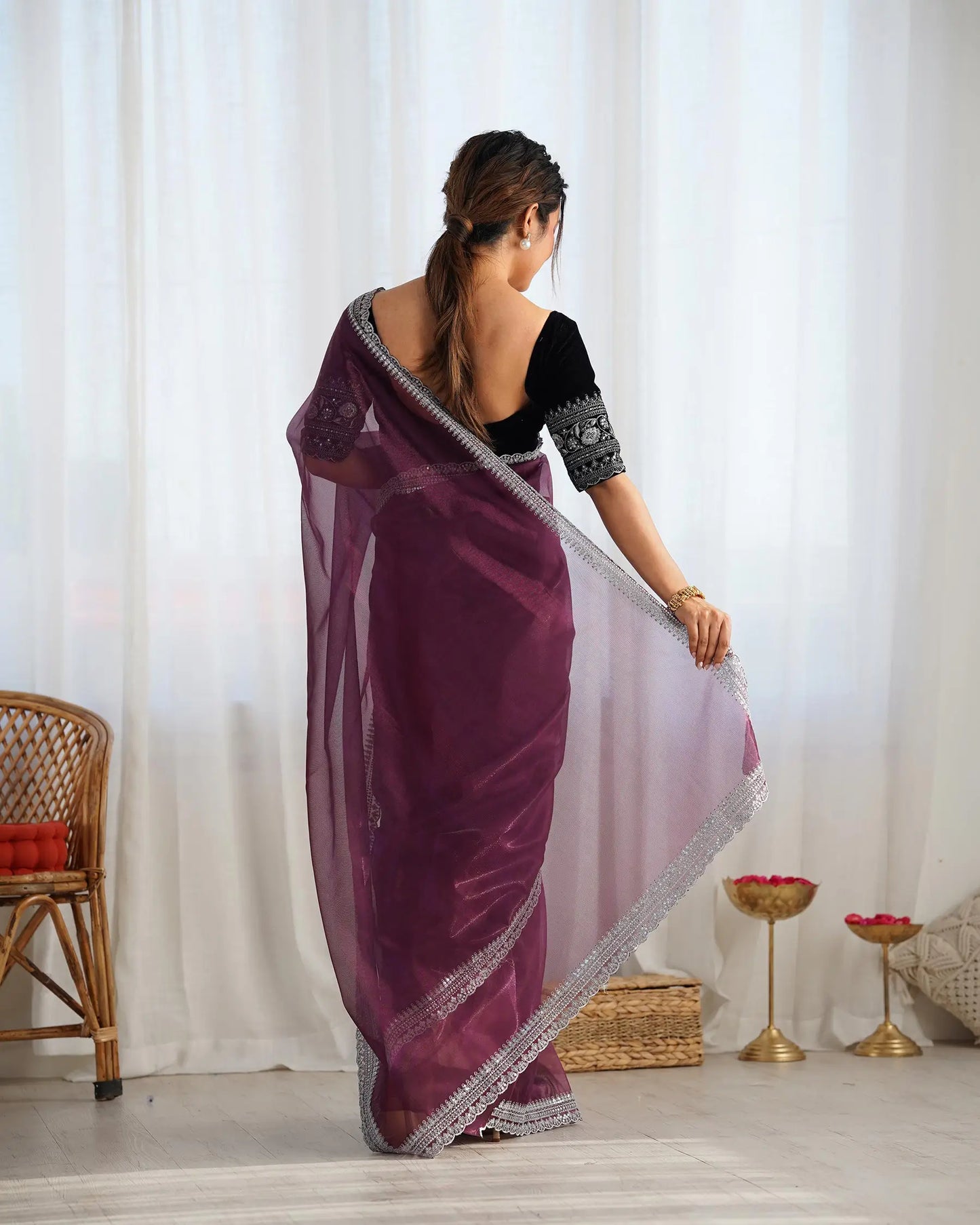 Dusty Wine  Gold Jari & Sequance Embroidery Work Saree