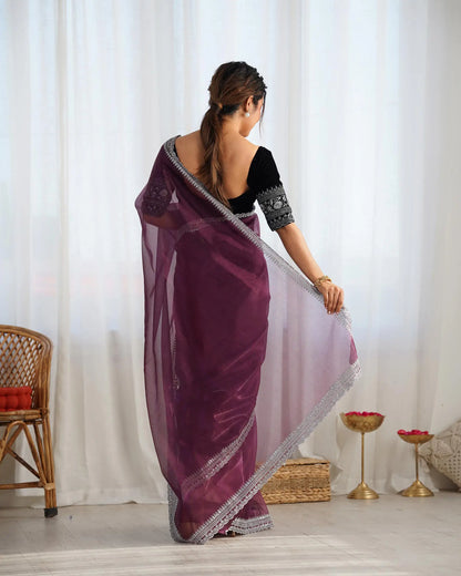 Dusty Wine  Gold Jari & Sequance Embroidery Work Saree