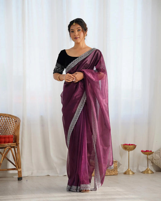 Dusty Wine  Gold Jari & Sequance Embroidery Work Saree
