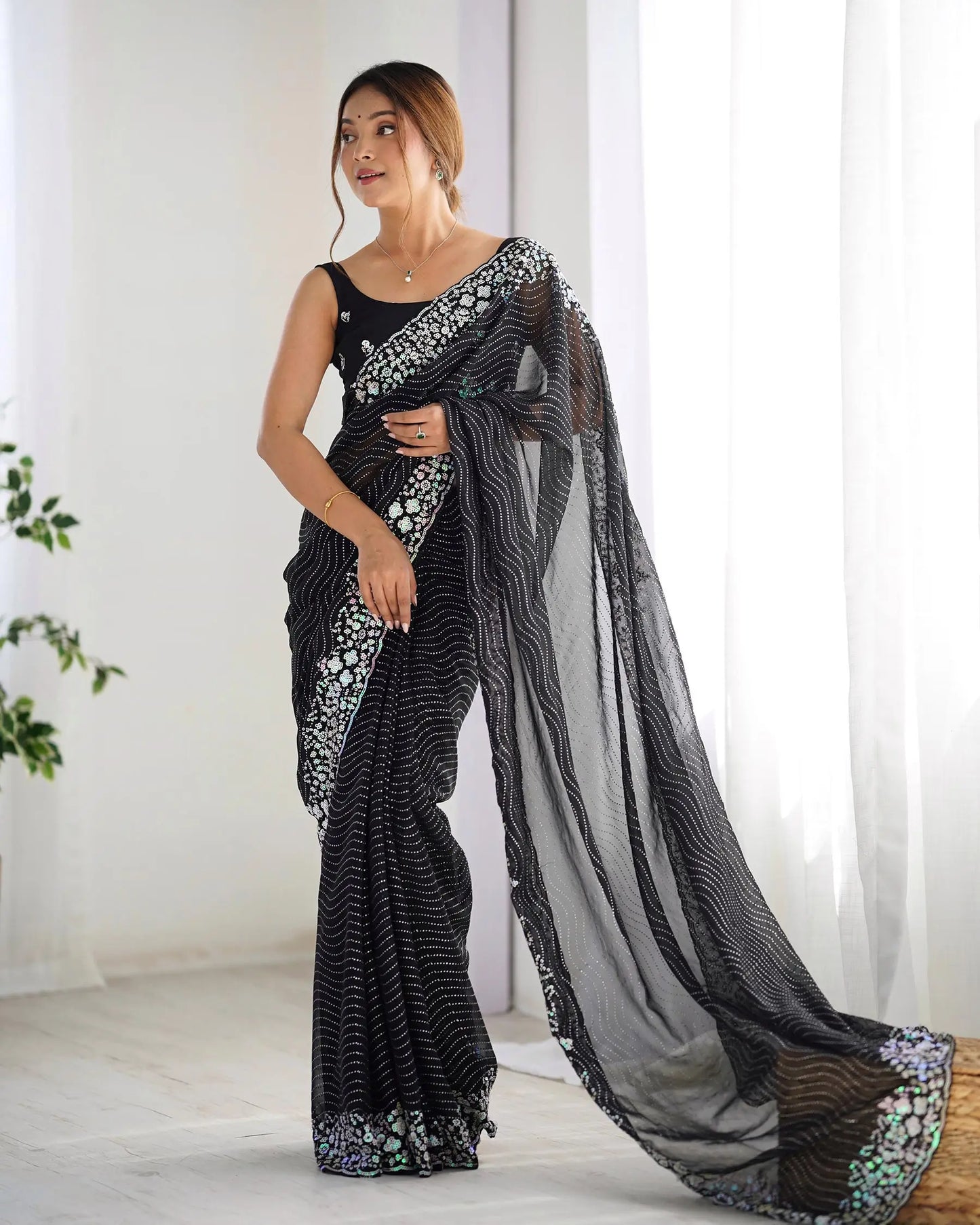 Black  Sequance Embroidery Work Designer Saree