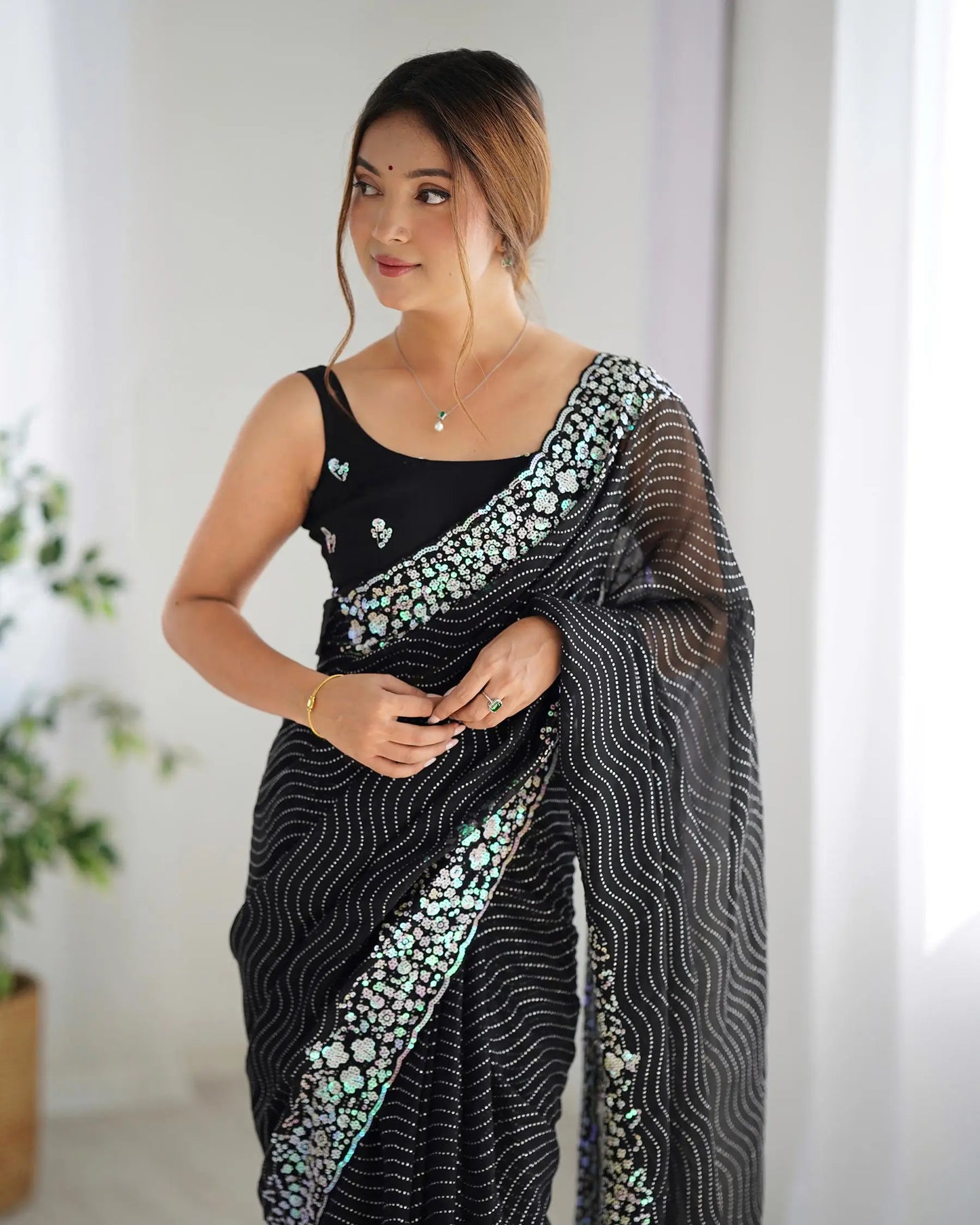Black  Sequance Embroidery Work Designer Saree