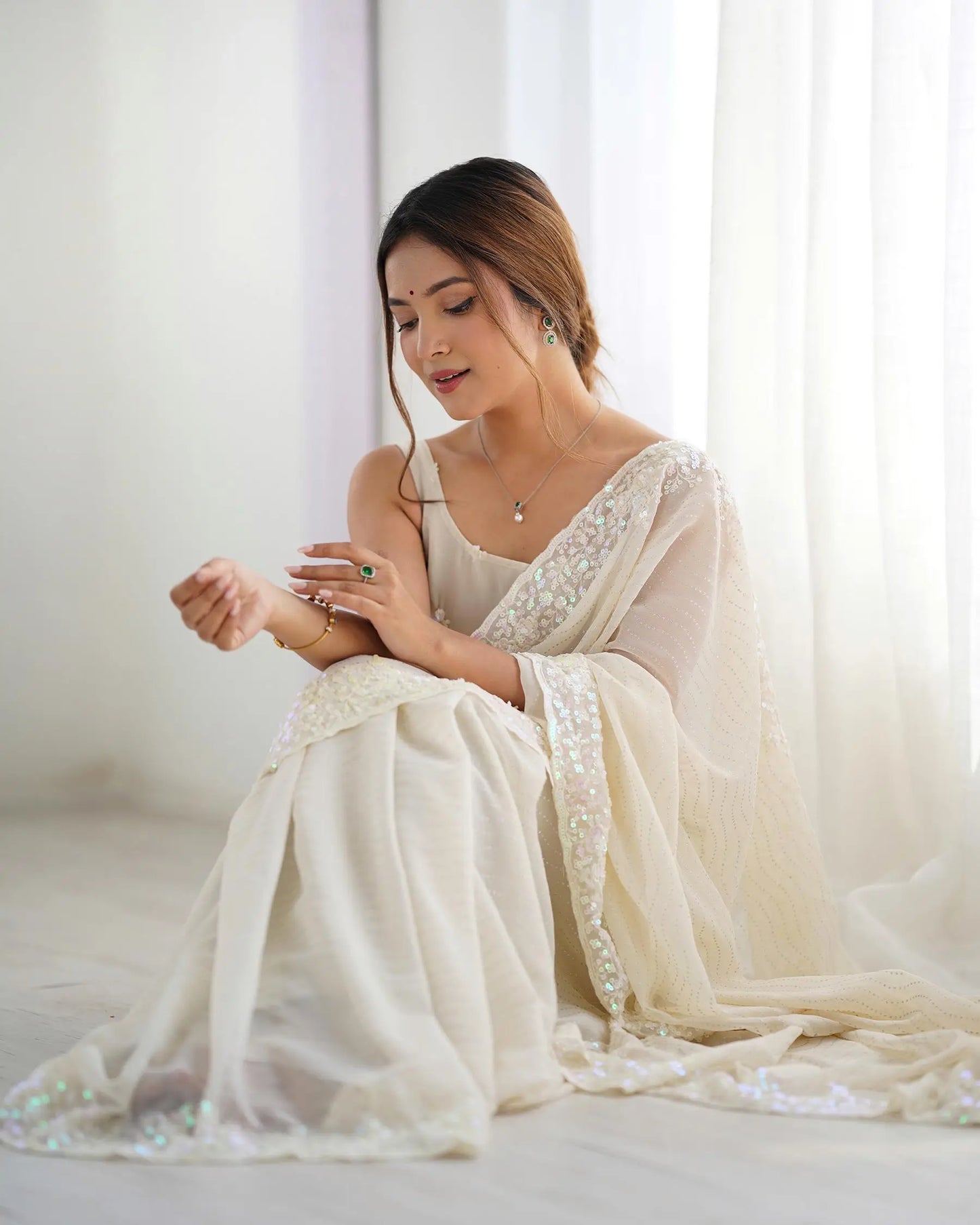 White Sequance Embroidery Work Designer Saree