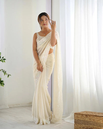 White Sequance Embroidery Work Designer Saree