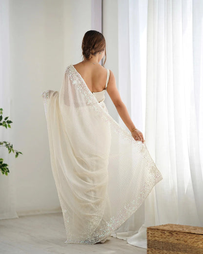 White Sequance Embroidery Work Designer Saree