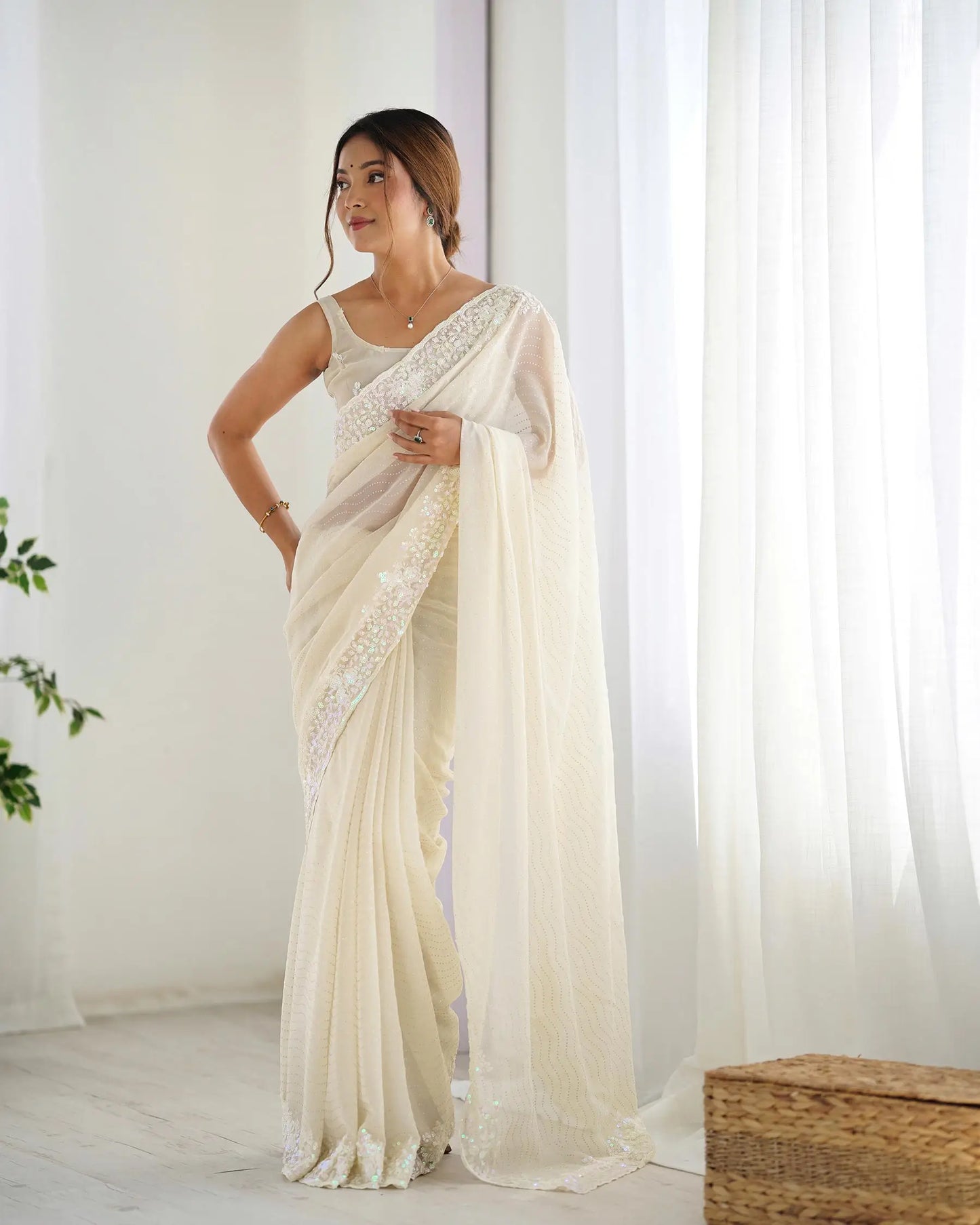 White Sequance Embroidery Work Designer Saree