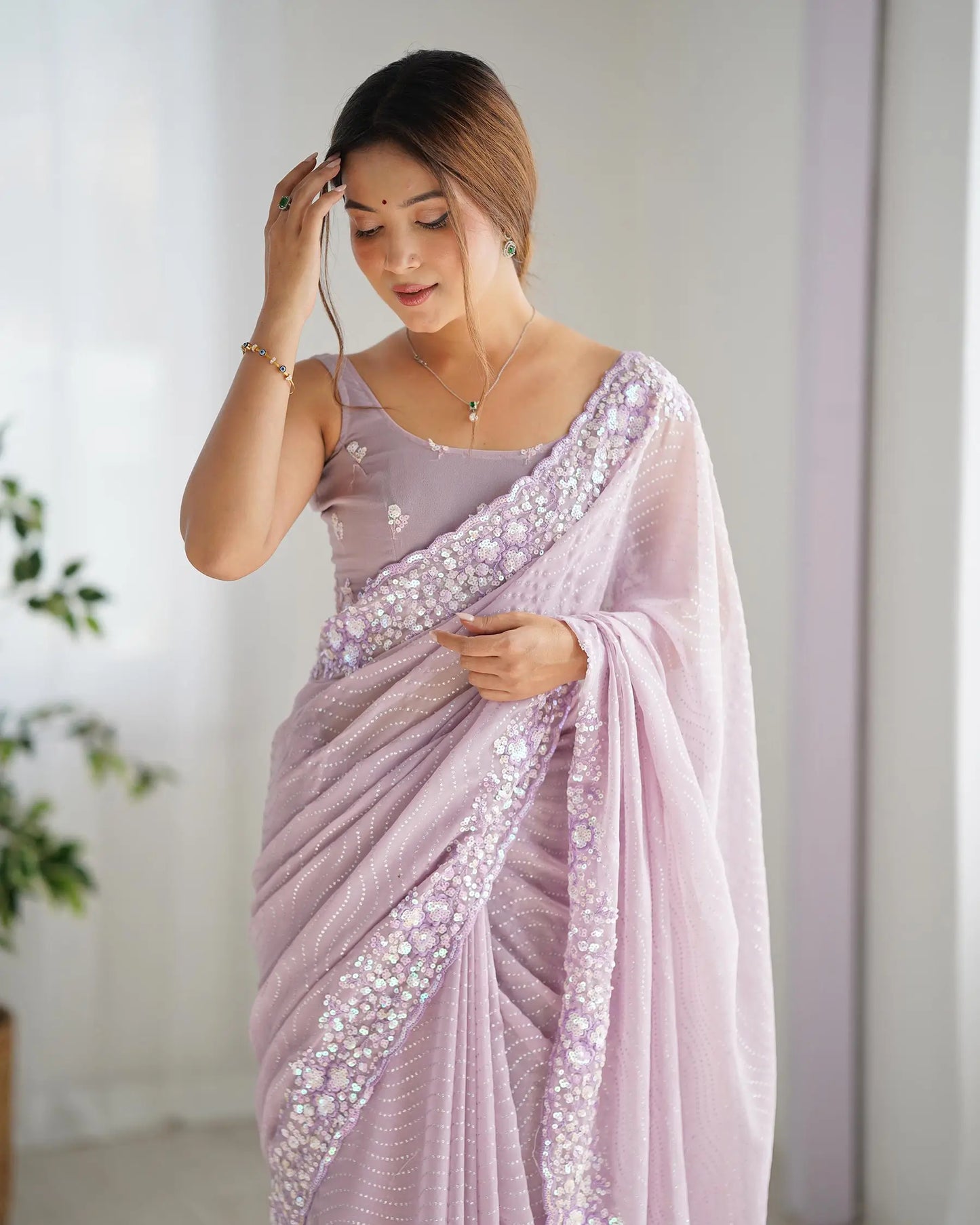 Dusty Lavender  Sequance Embroidery Work Designer Saree