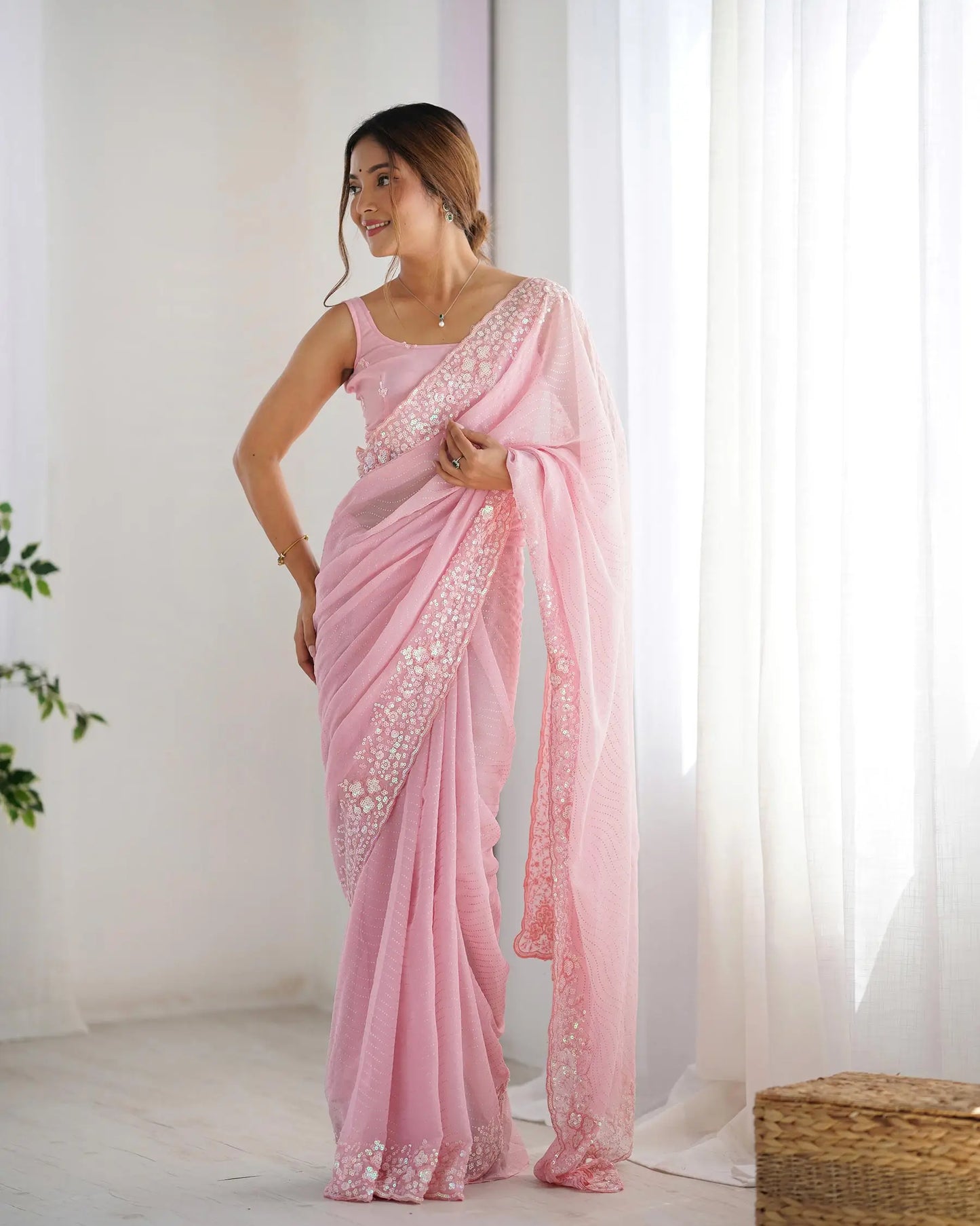 Pink Sequance Embroidery Work Designer Saree