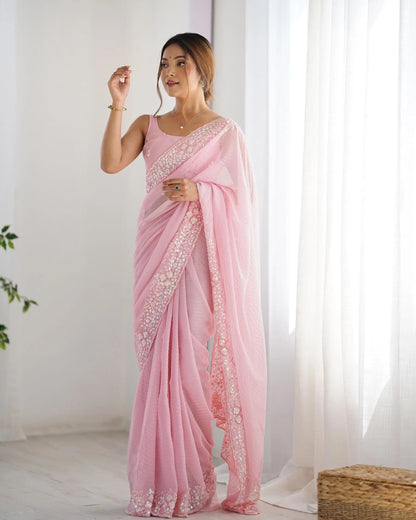Pink Sequance Embroidery Work Designer Saree
