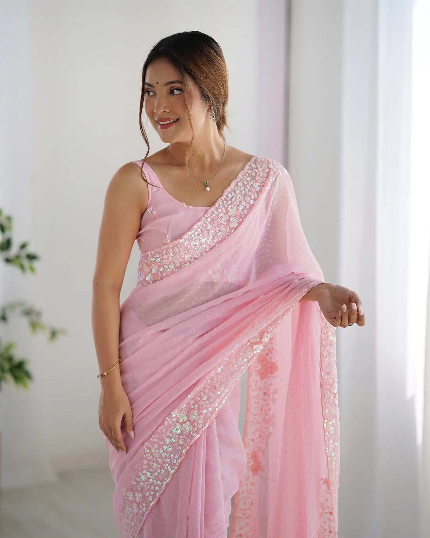 Pink Sequance Embroidery Work Designer Saree