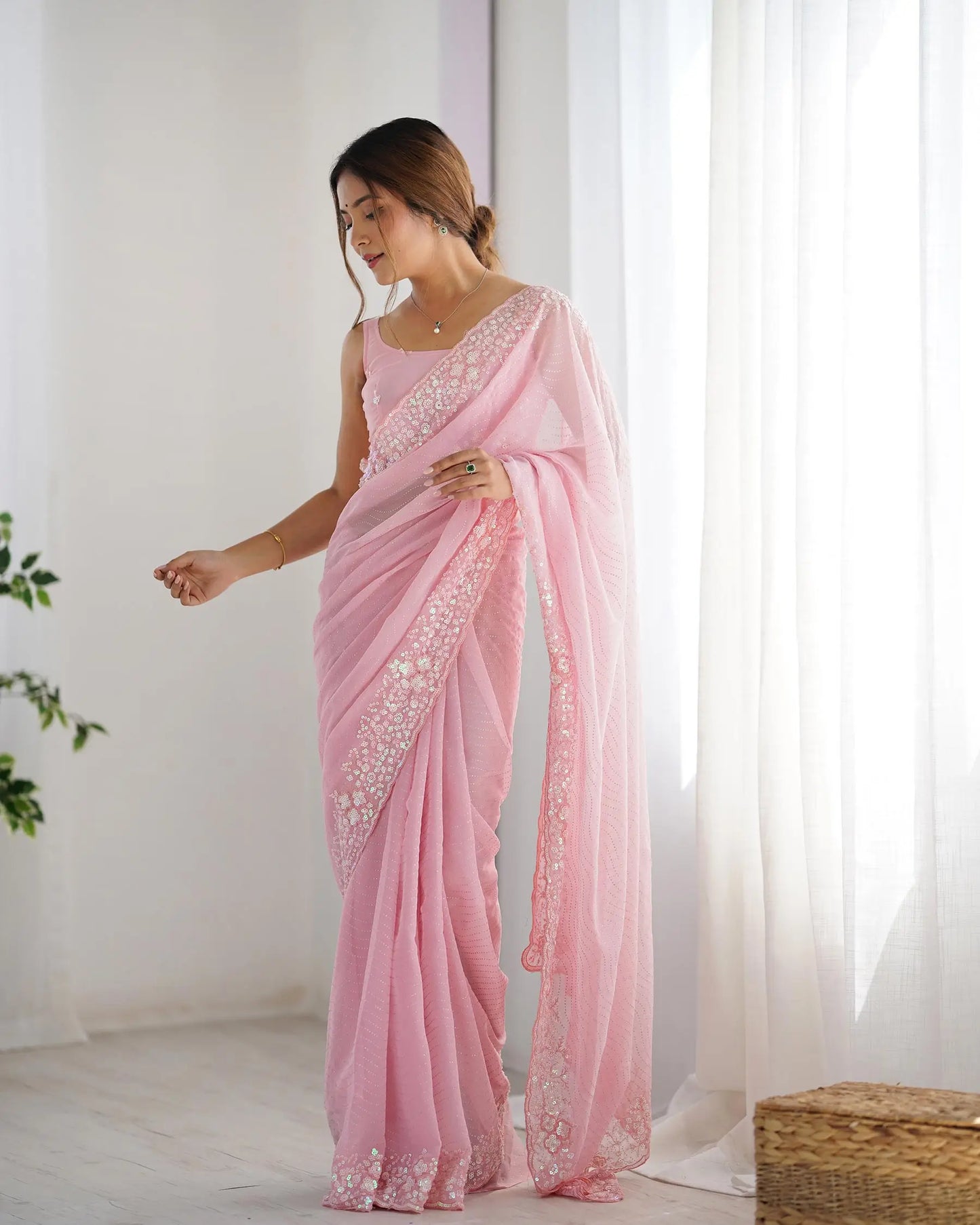 Pink Sequance Embroidery Work Designer Saree