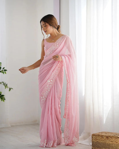 Pink Sequance Embroidery Work Designer Saree