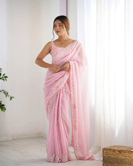 Pink Sequance Embroidery Work Designer Saree