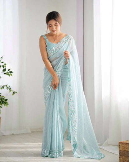 Sky Blue Sequance Embroidery Work Designer Saree