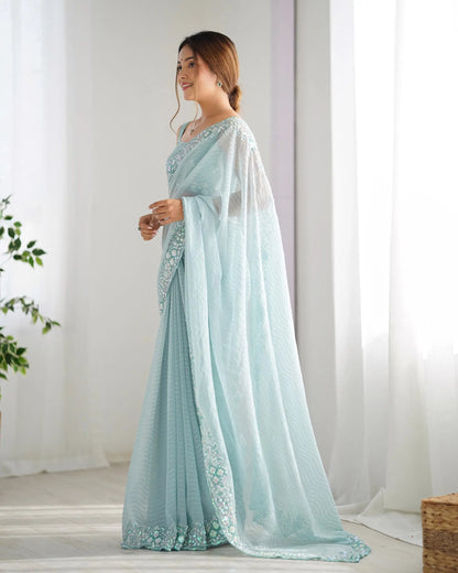 Sky Blue Sequance Embroidery Work Designer Saree