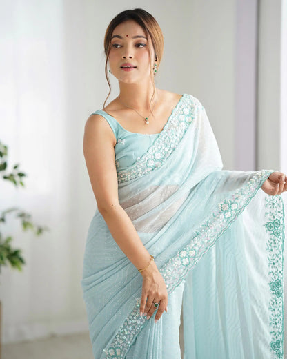 Sky Blue Sequance Embroidery Work Designer Saree