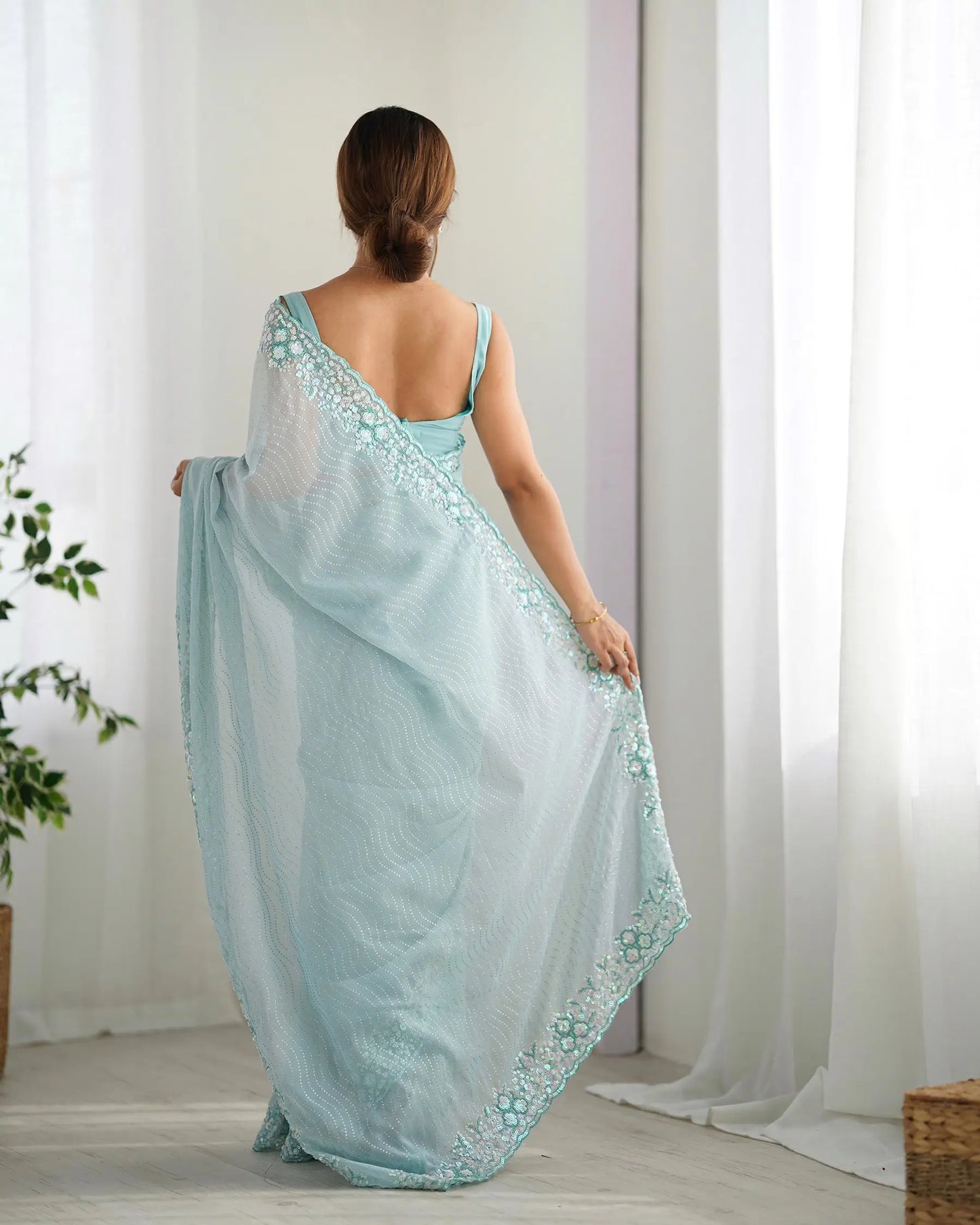 Sky Blue Sequance Embroidery Work Designer Saree