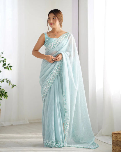 Sky Blue Sequance Embroidery Work Designer Saree