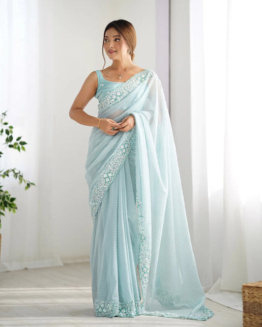 Sky Blue Sequance Embroidery Work Designer Saree