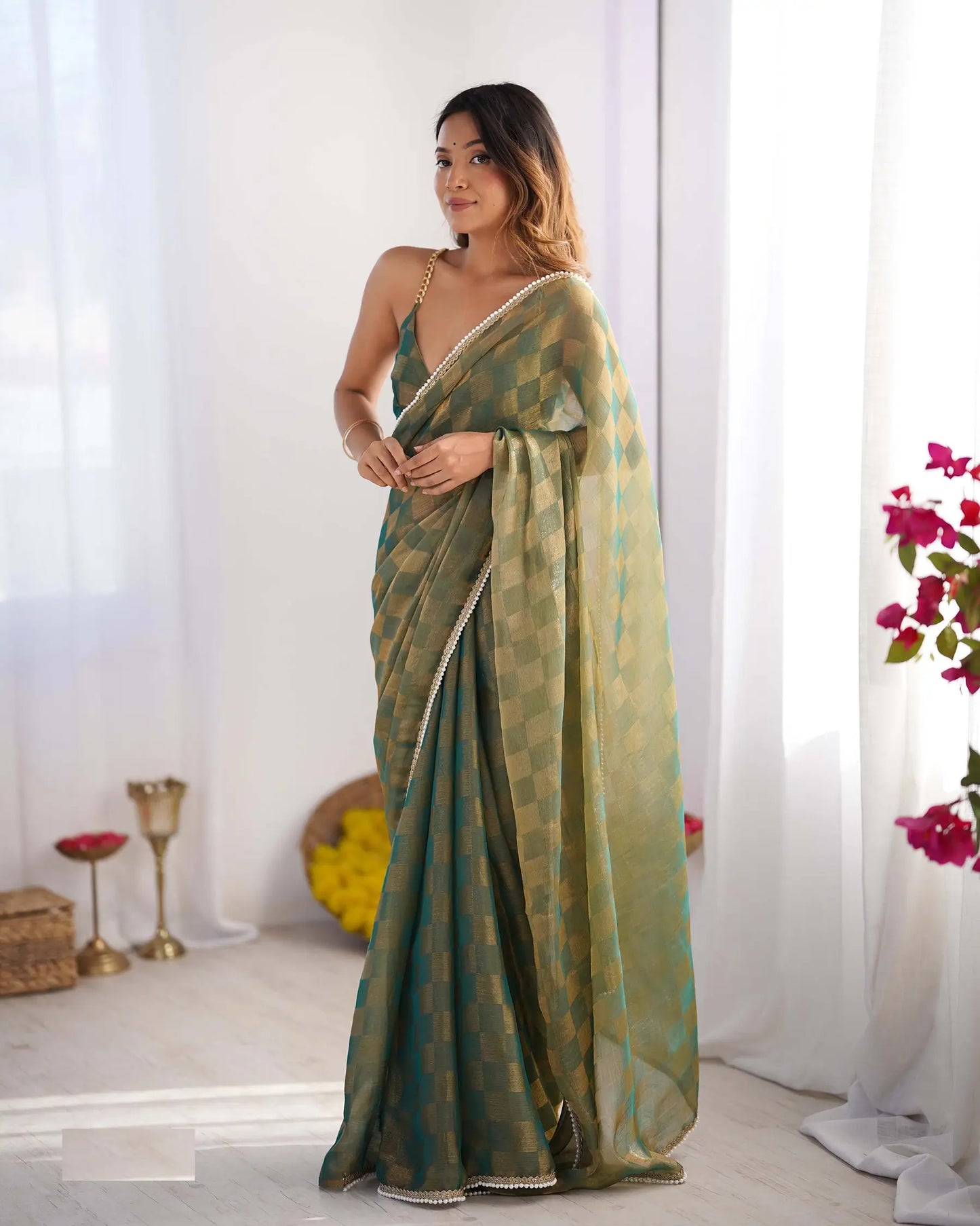 Olive Green Chiffon Chex Designer Saree