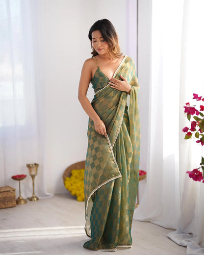 Olive Green Chiffon Chex Designer Saree