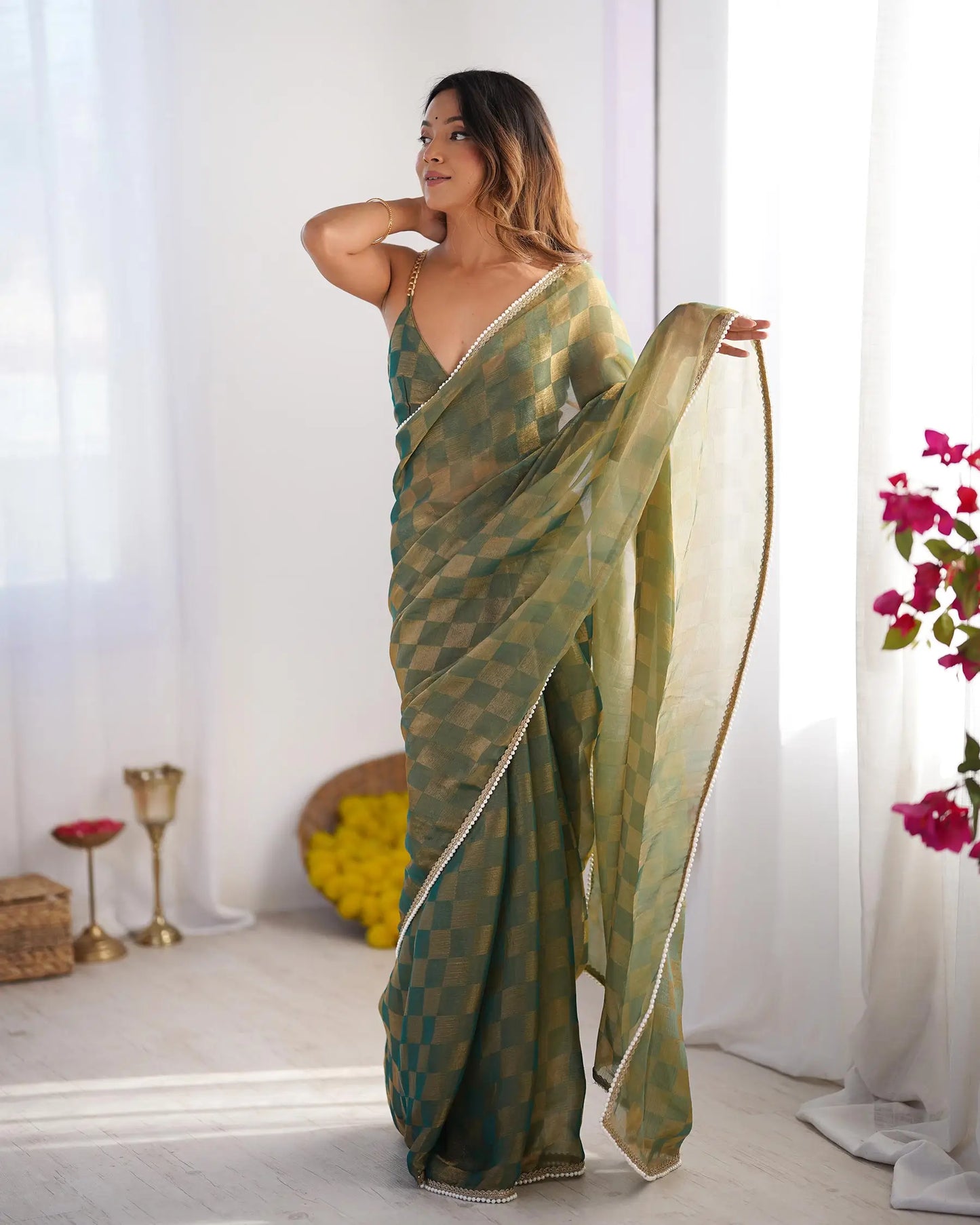 Olive Green Chiffon Chex Designer Saree