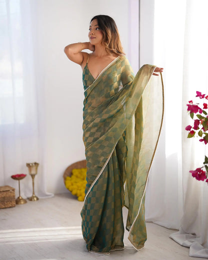 Olive Green Chiffon Chex Designer Saree