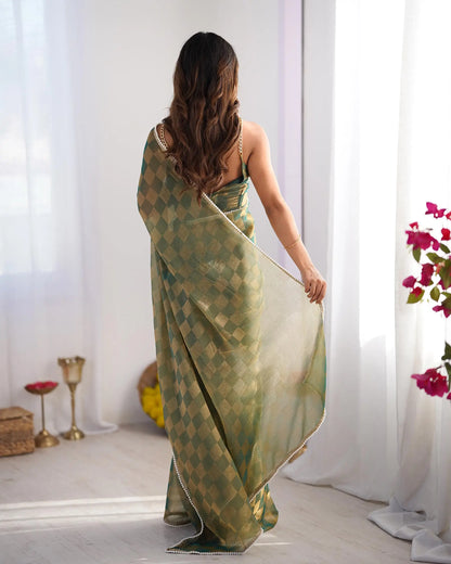 Olive Green Chiffon Chex Designer Saree
