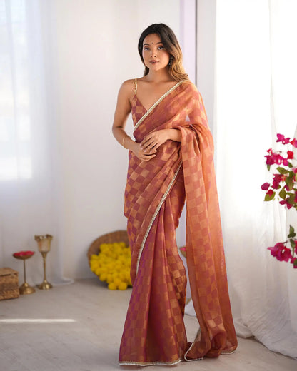 Orange Chiffon Chex Designer Saree
