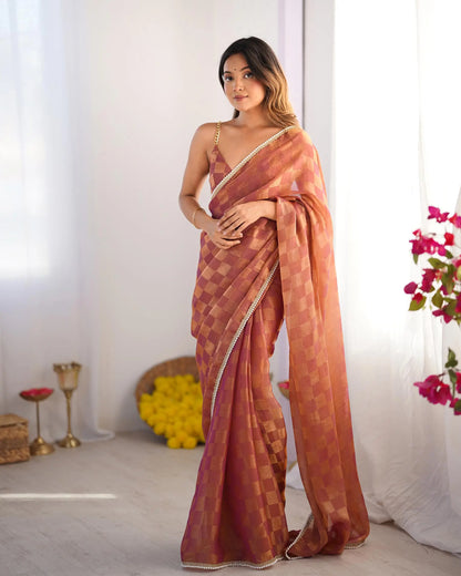 Orange Chiffon Chex Designer Saree