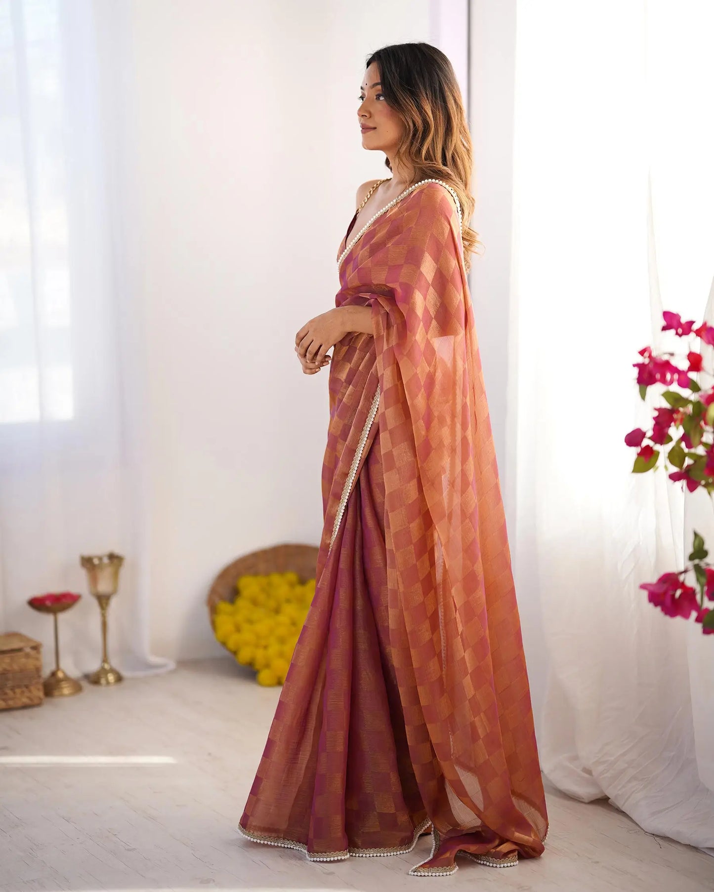 Orange Chiffon Chex Designer Saree