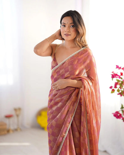 Orange Chiffon Chex Designer Saree